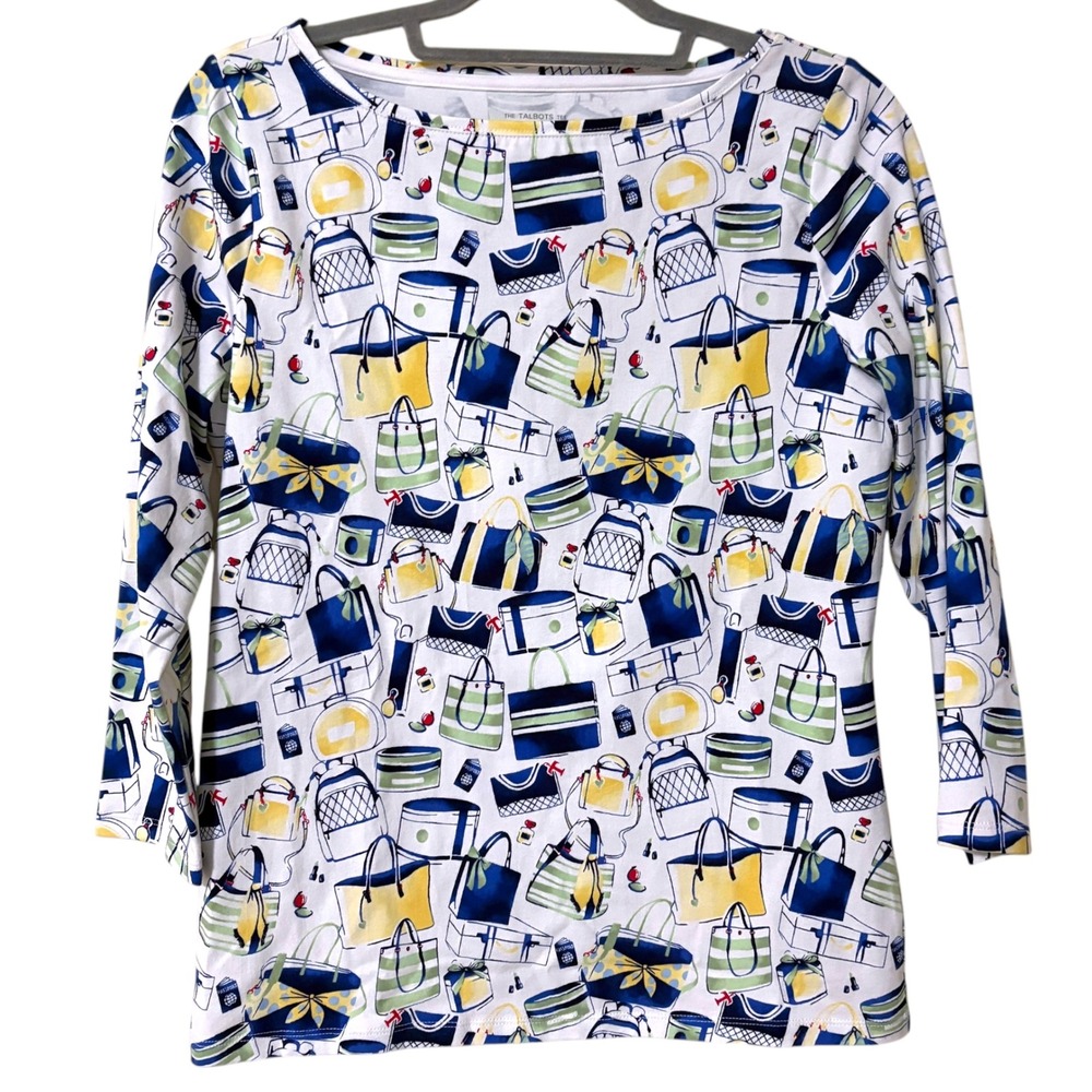 Talbots Womens Small Tee White Blue Handbag Print Boat Travel Fashionisat Casual